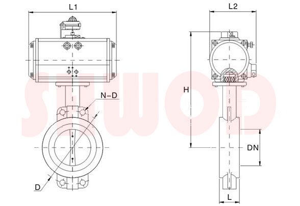 氣動對夾蝶閥（鑄鐵）外形尺寸